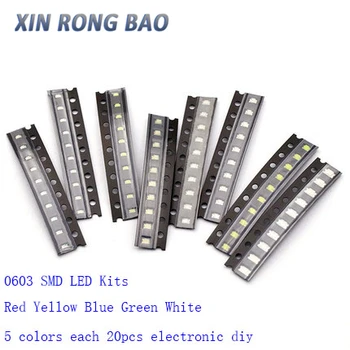 100TK 0603 SMD LED Komplektid Punane Kollane Sinine Roheline Valge 5 värve iga 20pcs elektroonilise diy kit