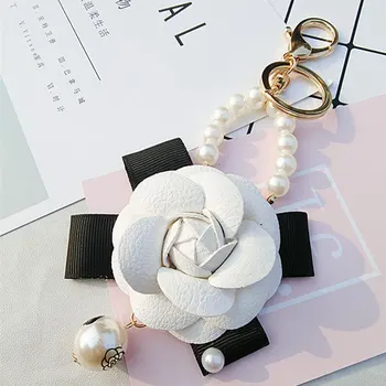 Korea Camellia Pearl Nahast kott ripats võtmehoidja Auto ripats Lill, Roos võtmehoidja