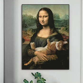 Kuulsa Maali Mona Lisa Naeratab koos Kassi Vintage Kunsti Lõuend Maali Poster Seina Art Pilt elutuba Home Decor