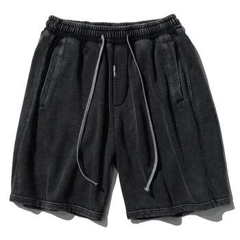 Suvel Uus Õnnetud lühikesed Püksid Meeste Jaapani Pestud Retro Streetwear Must Lahti Vabaaja Pingutusnöör Elastne Vöökoht Lühike