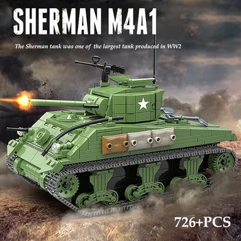 726PCS Sõjalise Sherman M4A1 Tank Mudeli Komplekt ehitusplokid WW2 USA Sõdur Relva Armee Arvandmed Tellised Mänguasjad Lastele Poiss Kingitus