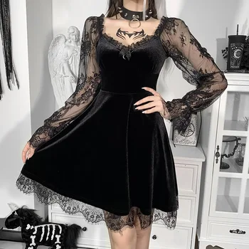 Sügav Must Seksikas Pitsiline Kleit Naine Gooti Pikkade varrukatega Päitsed Õmblemine Õõnes Must Kleit Elegantne Vabaaja naisteriideid
